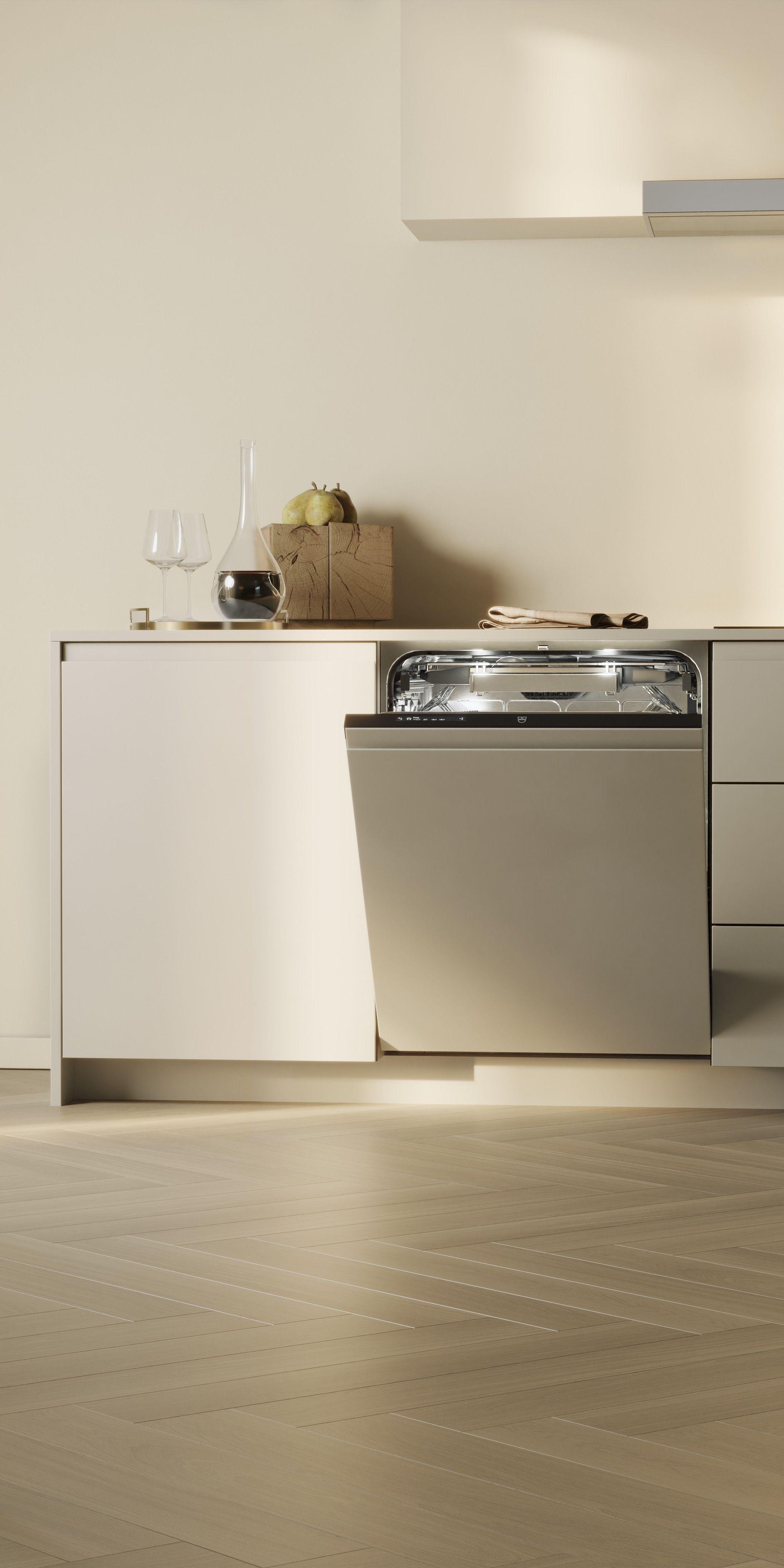 V-ZUG vollintegrierter Geschirrspüler grifflose hellbeige Front leicht geöffnet Frontalansicht